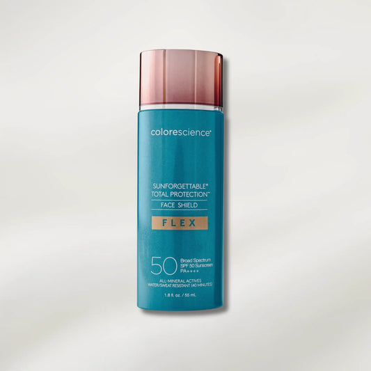 Blue bottle of Colorescience sunscreen with a rose gold cap on a light gray background