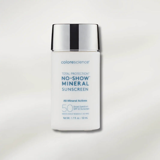 Colorescience No-Show Mineral Sunscreen bottle on a light gray background