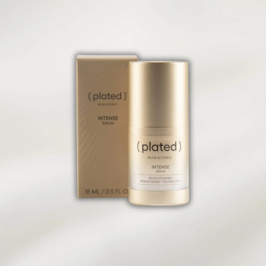 Plated Intense Serum packaging on a light gray background