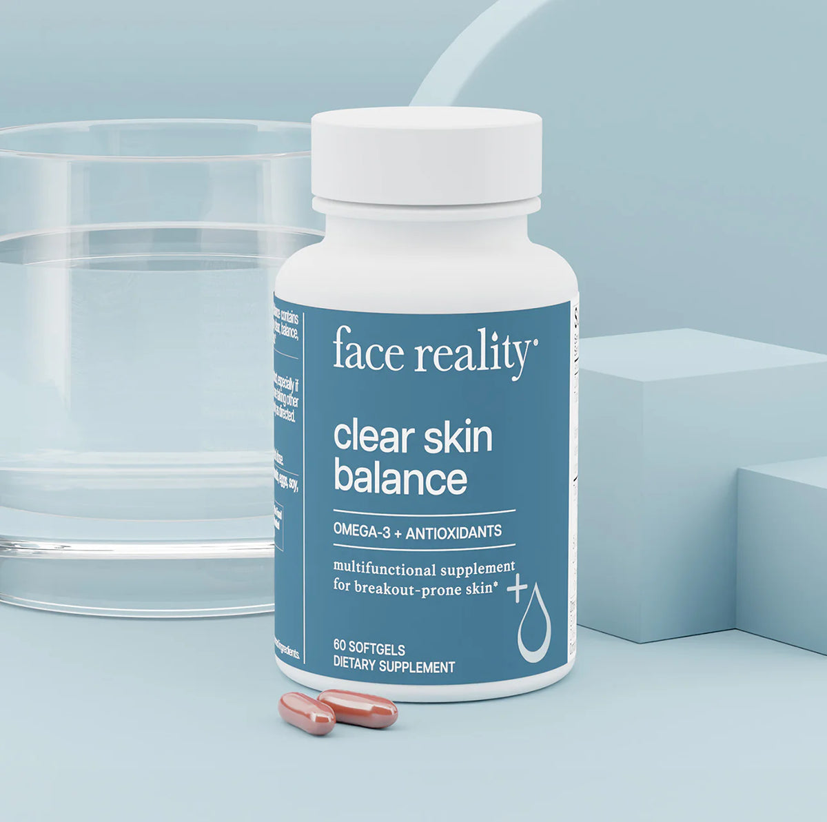 Supplement bottle labeled 'face reality clear skin balance' on a light blue background