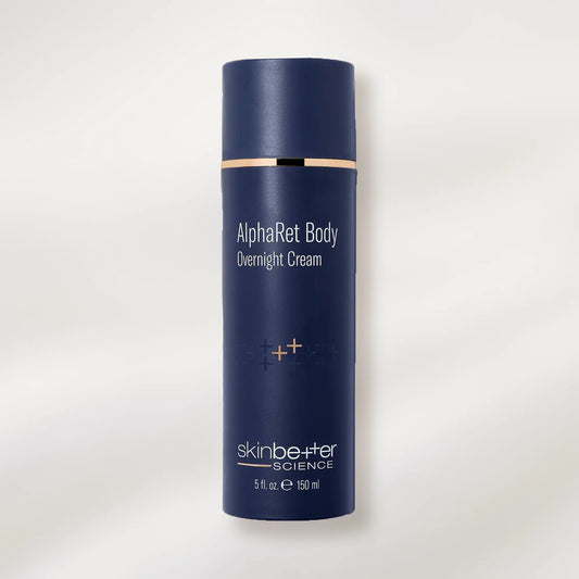 Blue cylindrical container of AlphaRet Body Overnight Cream by skinbetter science on a white background