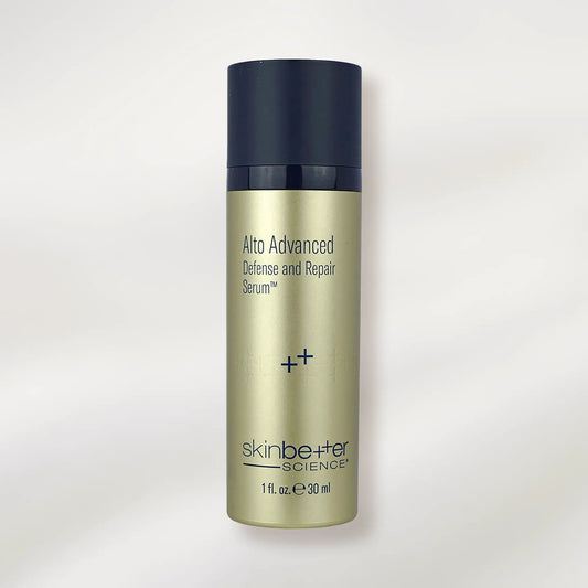 Skincare serum bottle labeled 'Alto Advanced Defense and Repair Serum' by 'skinbetter science' on a light gray background.