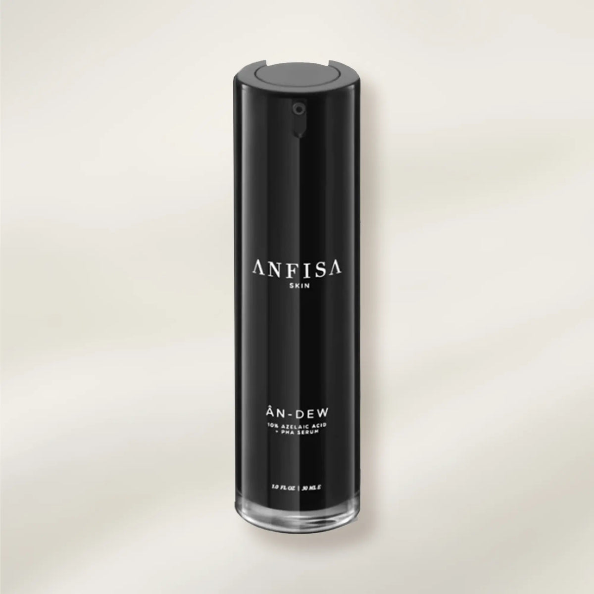 Black skincare serum bottle labeled 'ANFISA' on a light beige background