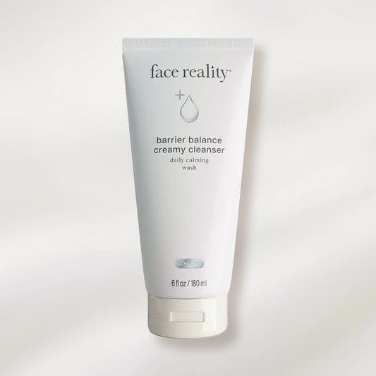 Tube of 'face reality' barrier balance creamy cleanser on a white background