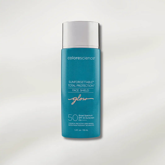 Blue bottle of Colorescience sunscreen with silver cap on a white background