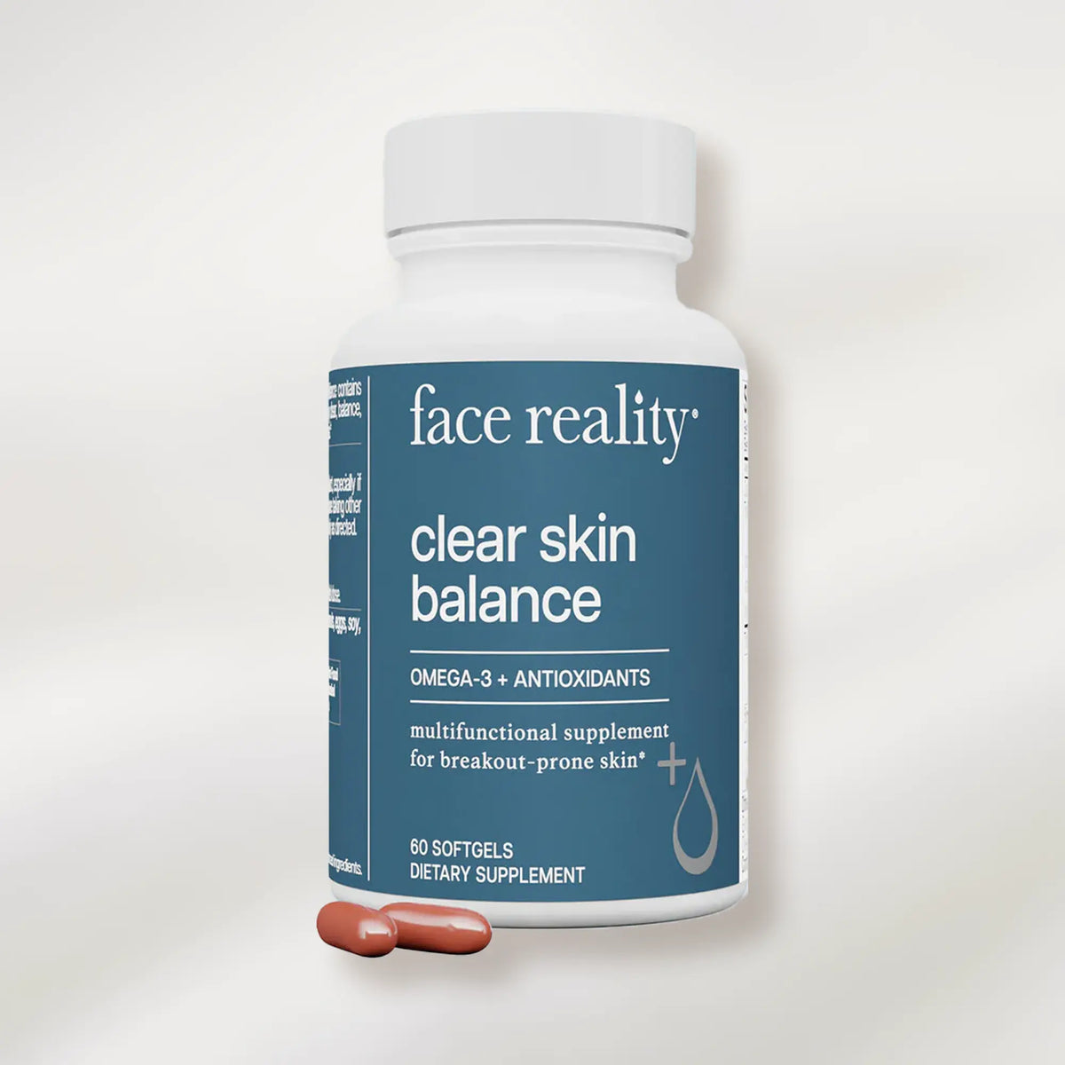 Supplement bottle labeled 'face reality clear skin balance' on a white background