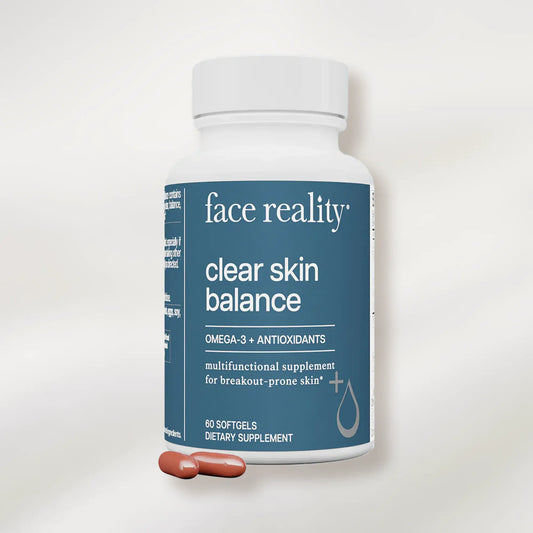 Supplement bottle labeled 'face reality clear skin balance' on a white background