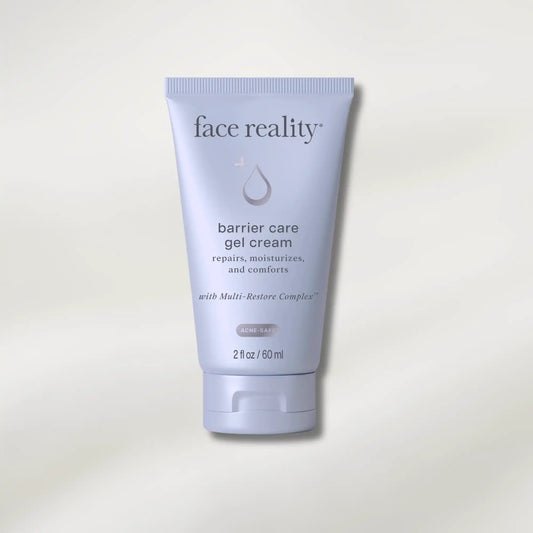 Tube of face reality barrier care gel cream on a light gray background
