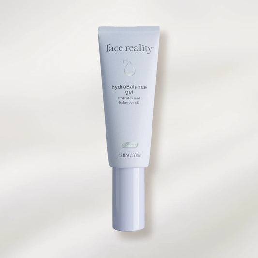 Tube of 'face reality' hydraBalance gel on a white background
