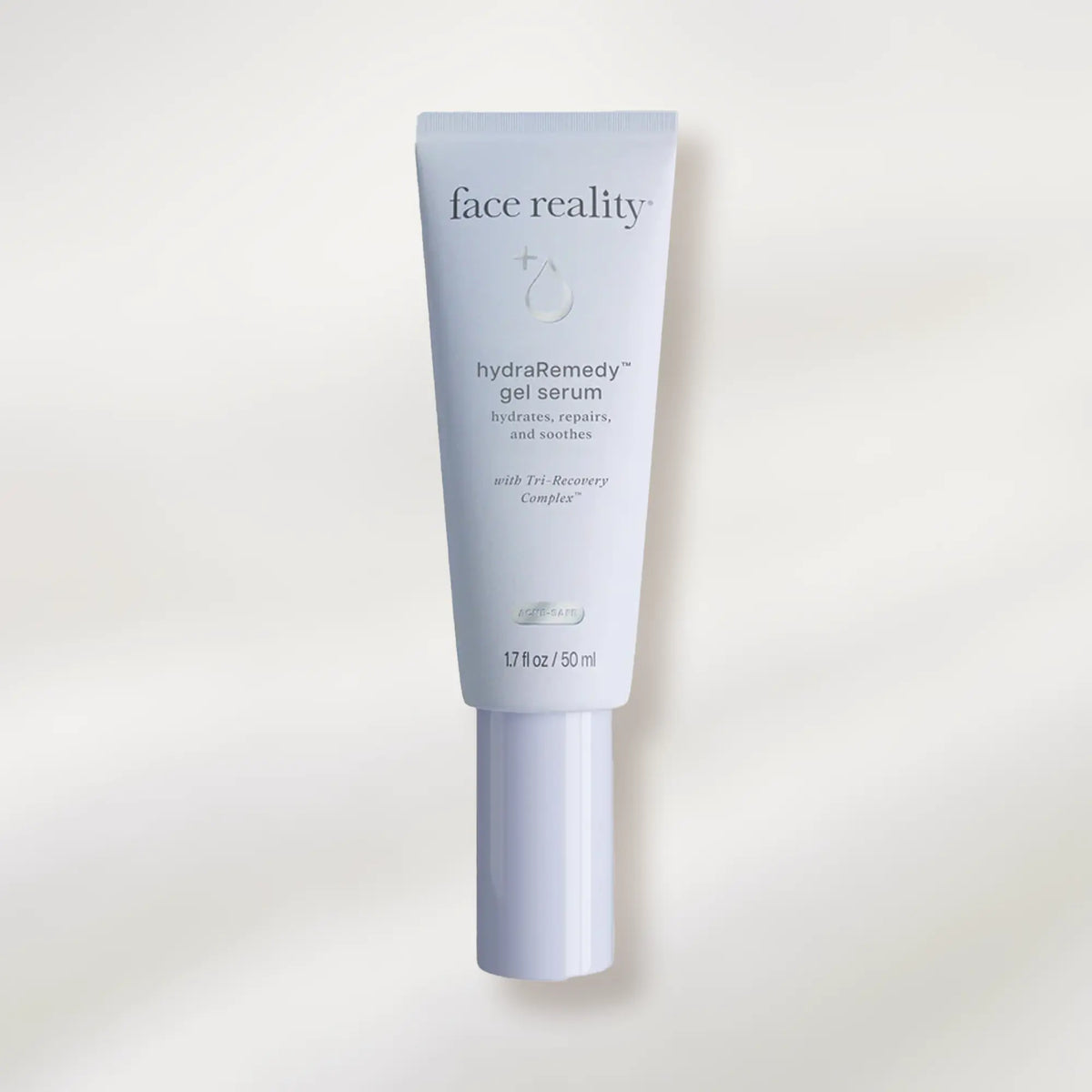 Tube of 'face reality' hydra remedy gel serum on a white background