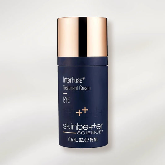 Blue skincare bottle with rose gold cap on a white background