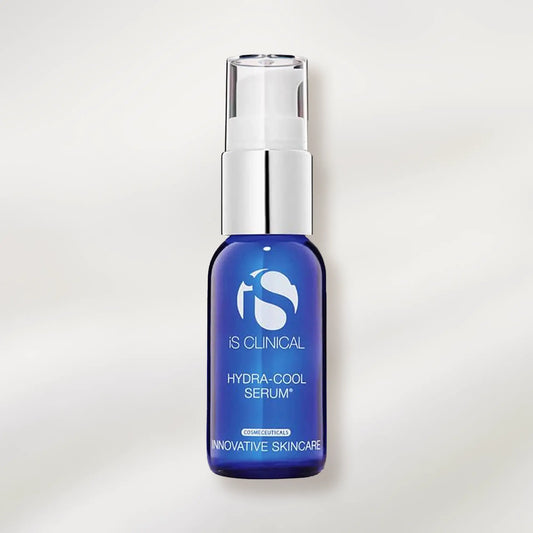 Blue serum bottle with silver cap on a white background