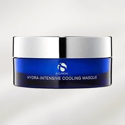 Blue jar of IS Clinical Hydra-Intensive Cooling Masque on a light gray background