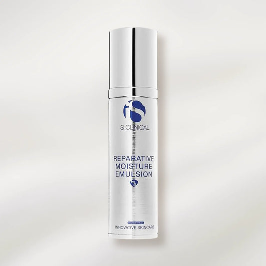 Skincare emulsion bottle labeled 'IS Clinical Reparative Moisture Emulsion' on a light gray background