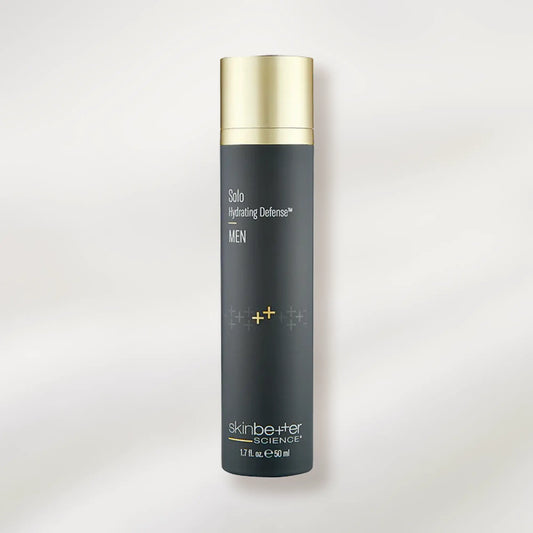 Skincare bottle labeled 'Sola Hydrating Defense' for men on a white background