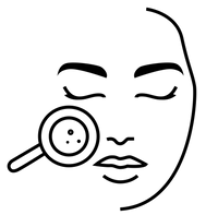 Black and white line art icon of a woman's face with closed eyes and a magnifying glass over one eye, on a white background.