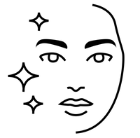 Black line art icon of a face with sparkles, representing a clean or radiant complexion, on a solid white background.